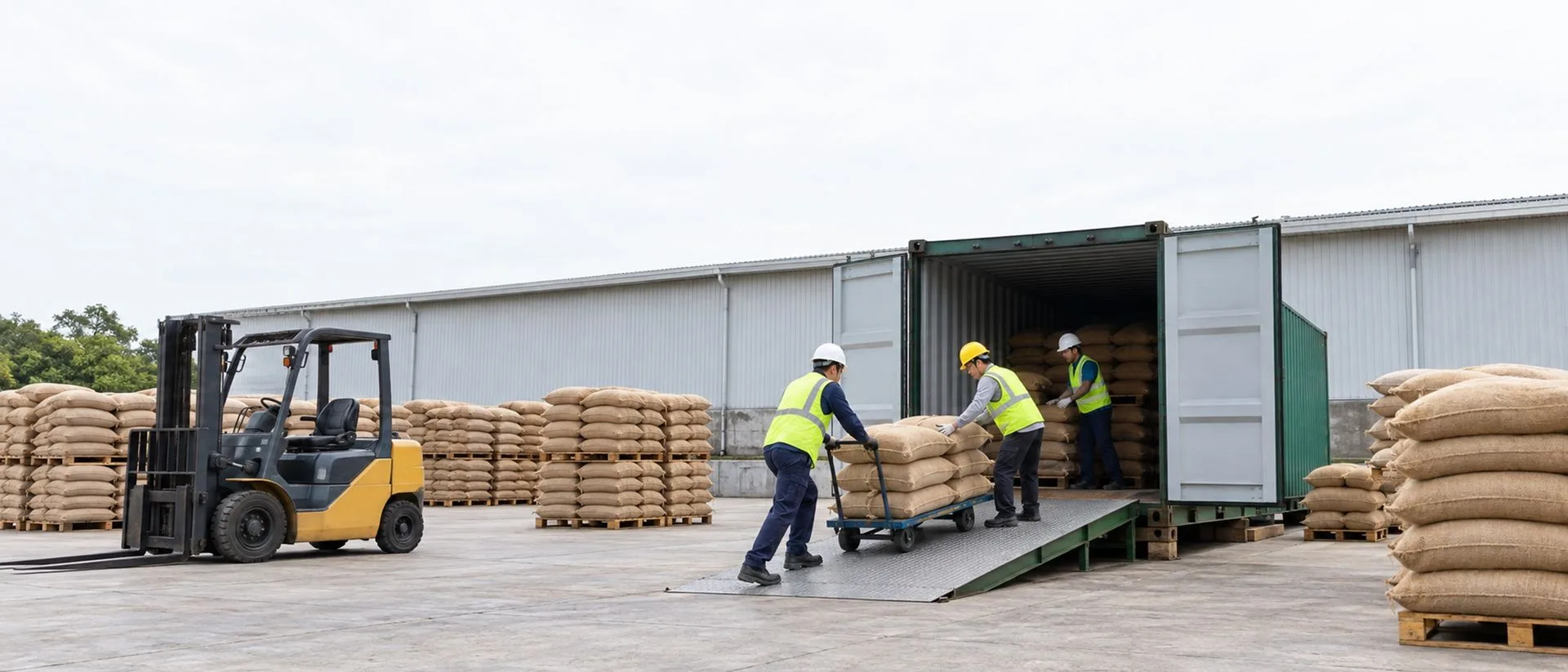 Công nhân xếp bao nông sản vào container tại kho