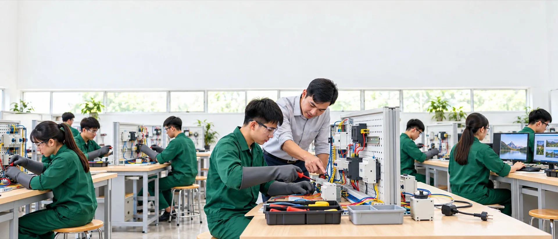 Học viên và giảng viên trong xưởng thực hành điện