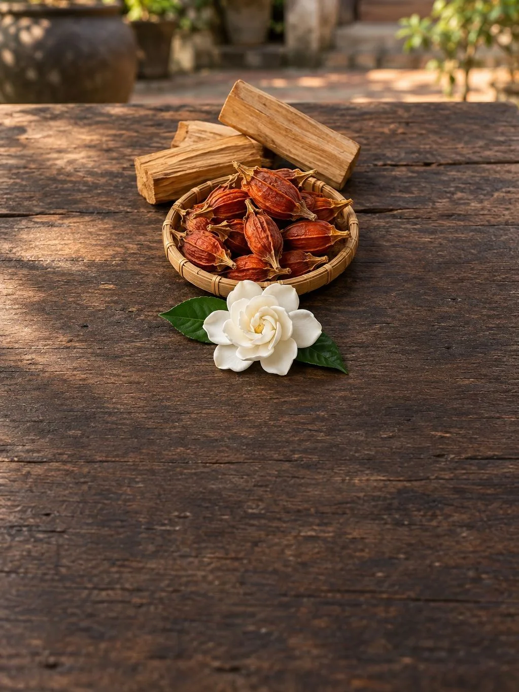 Quả dành dành khô, hoa dành dành và gỗ đàn hương