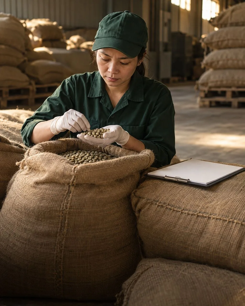 Nhân viên kiểm tra mẫu hàng trong bao tải tại kho