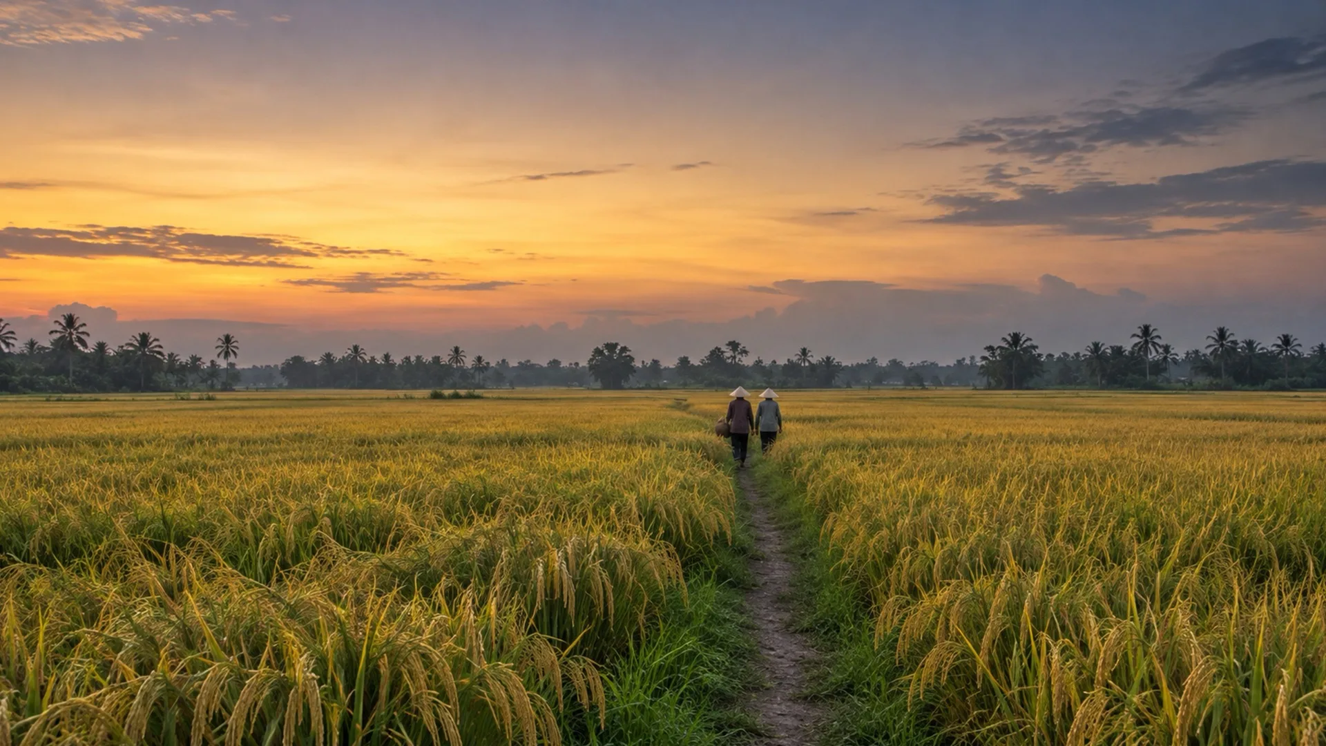 Người nông dân đi giữa cánh đồng lúa chín lúc hoàng hôn