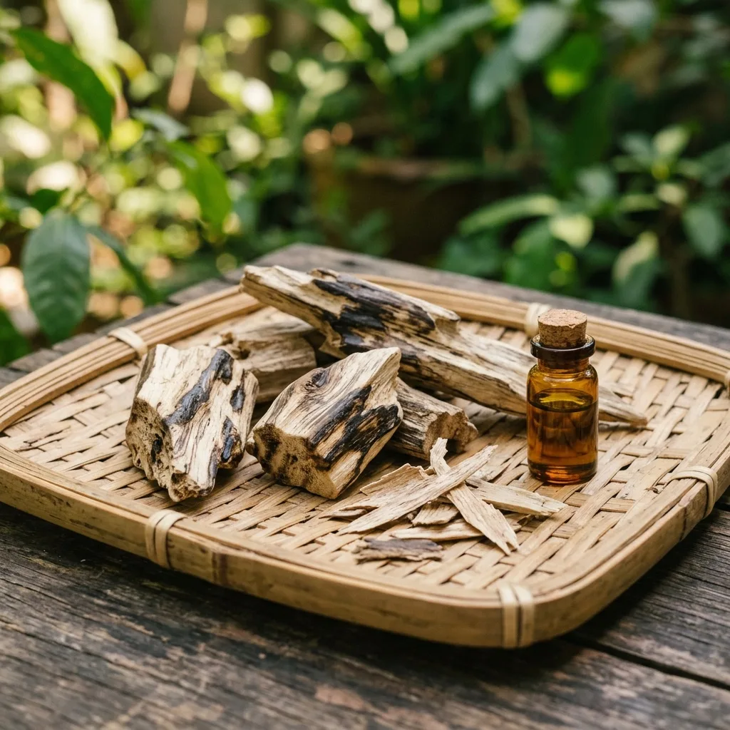 Mảnh trầm hương có vệt nhựa sẫm màu và chai tinh dầu trong nia tre