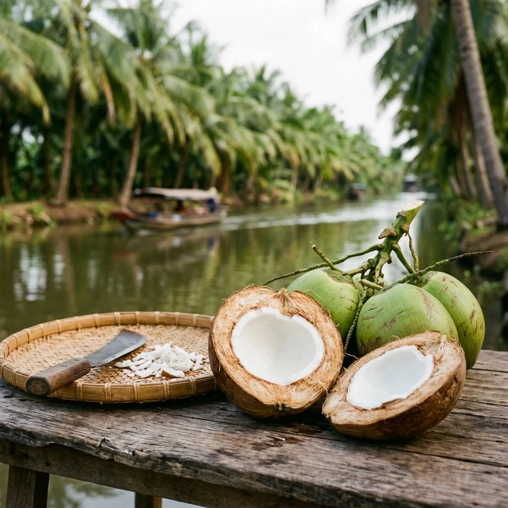 Dừa xanh và trái dừa bổ đôi trên bàn gỗ bên kênh rạch miền Tây