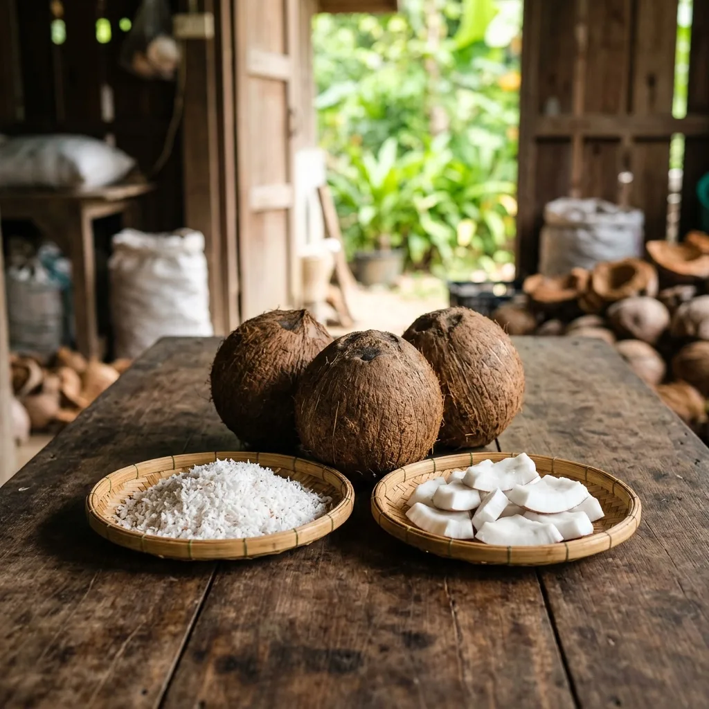Dừa khô, cơm dừa sấy và cơm dừa tươi trên bàn gỗ