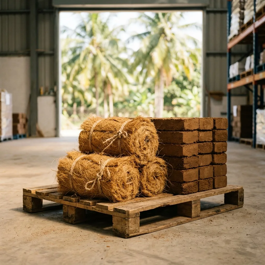Kiện chỉ xơ dừa và khối mụn dừa ép xếp trên pallet trong kho