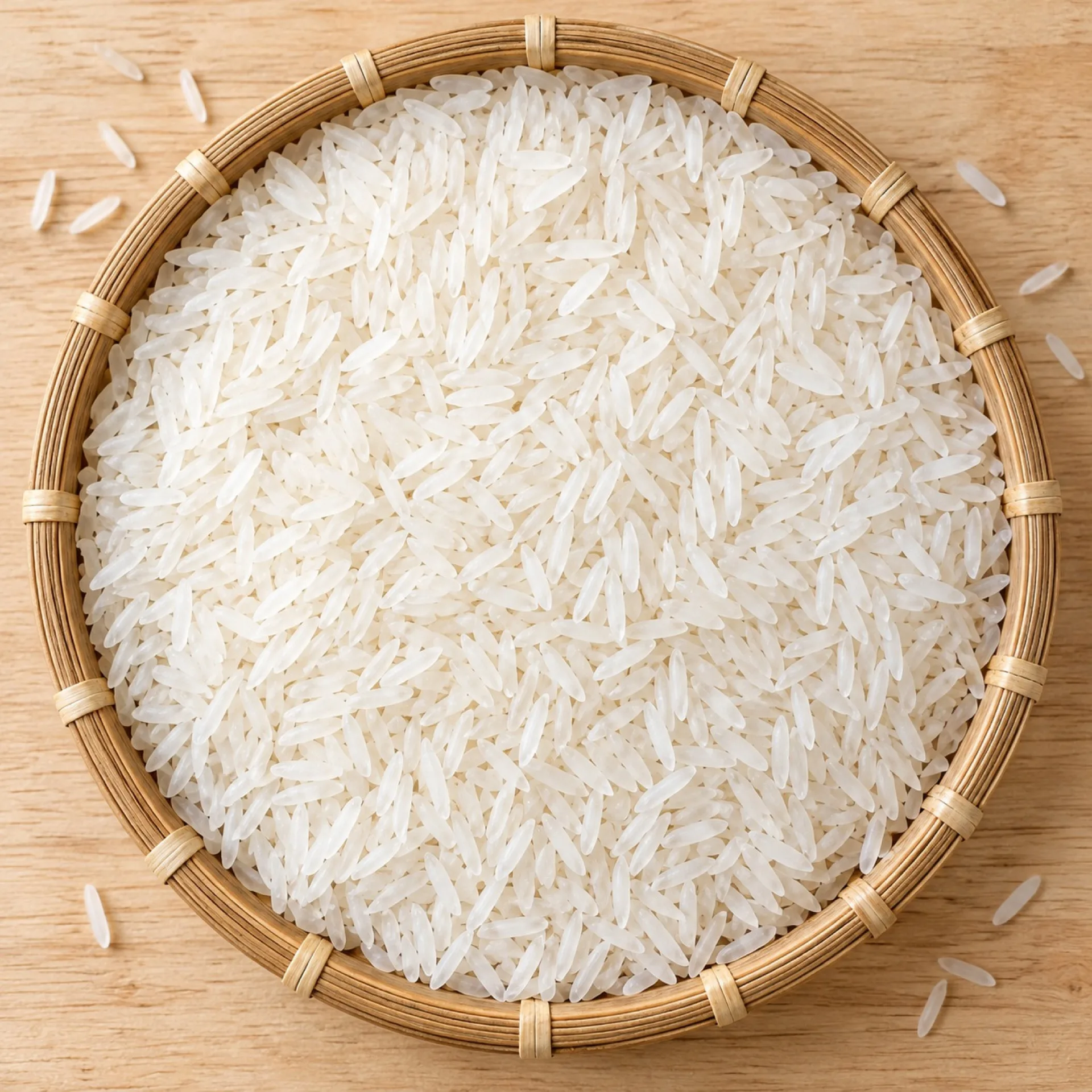 Gạo trắng hạt dài trong nia tre