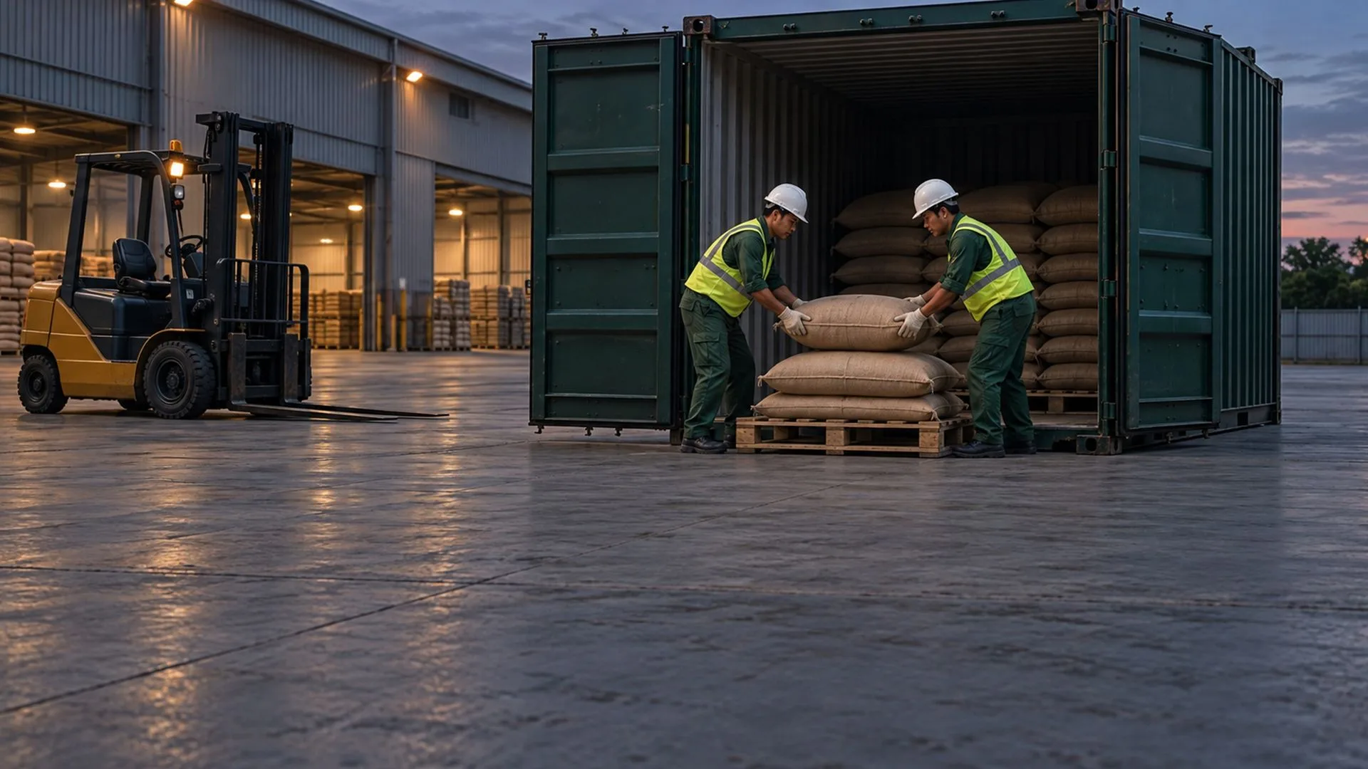 Công nhân đóng hàng nông sản vào container tại kho