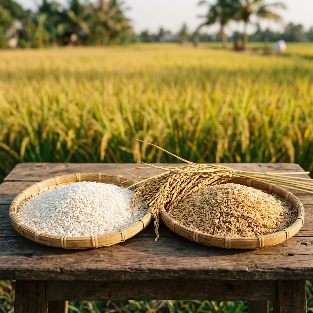 Gạo nếp và gạo lứt trong hai nia tre bên bông lúa chín