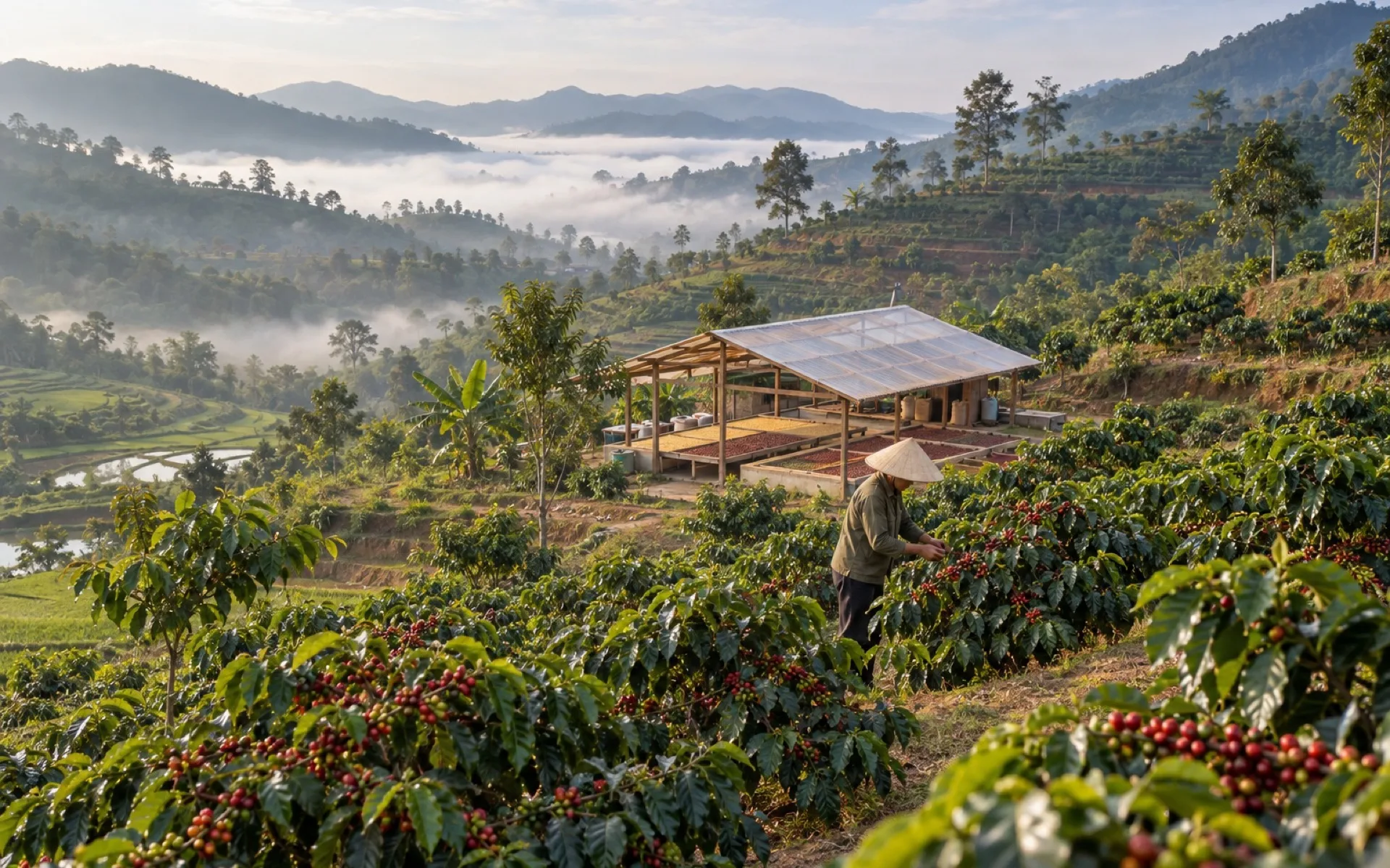 Vùng trồng và nhà sấy trên sườn đồi trong sương sớm