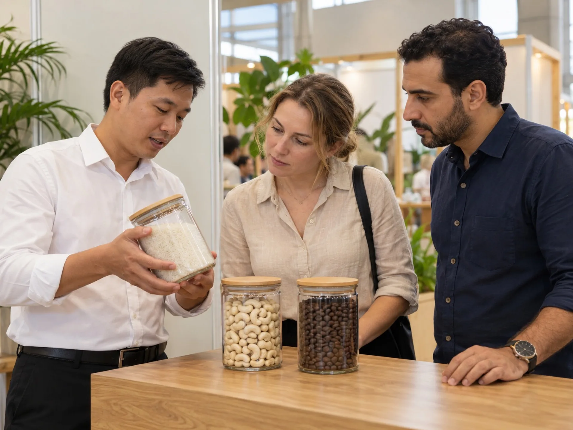 Đại diện doanh nghiệp trao đổi mẫu nông sản