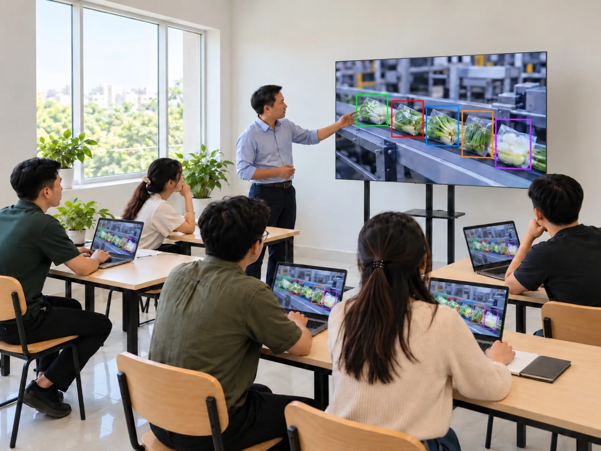 Lớp học công nghệ thông tin với màn hình trình chiếu