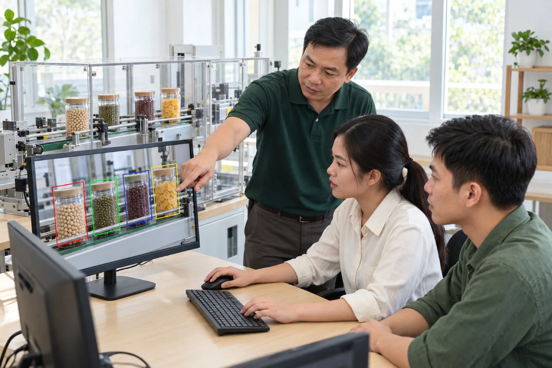 Giảng viên hướng dẫn học viên làm việc trên máy tính