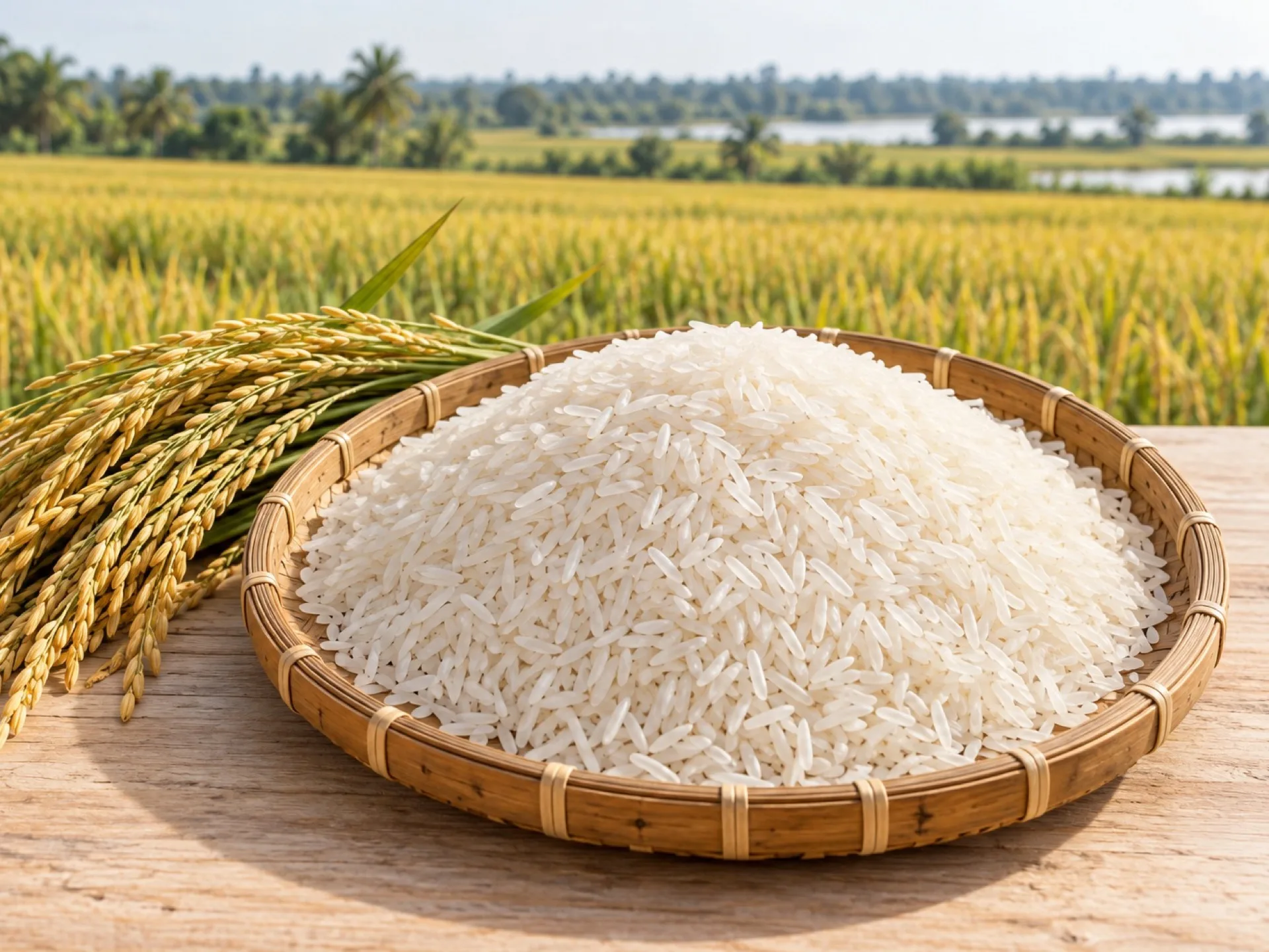 Gạo trắng trong nia tre bên bông lúa chín