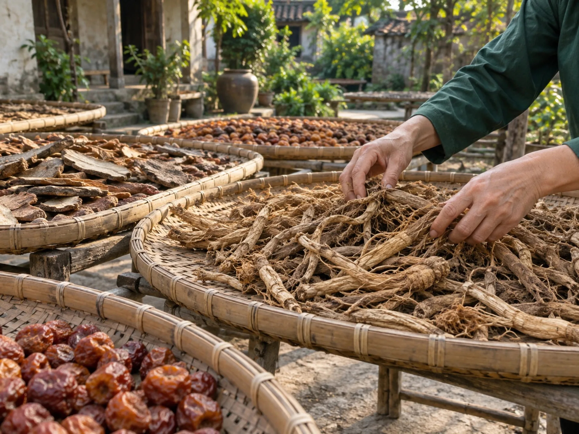 Dược liệu khô được phân loại trên nia tre