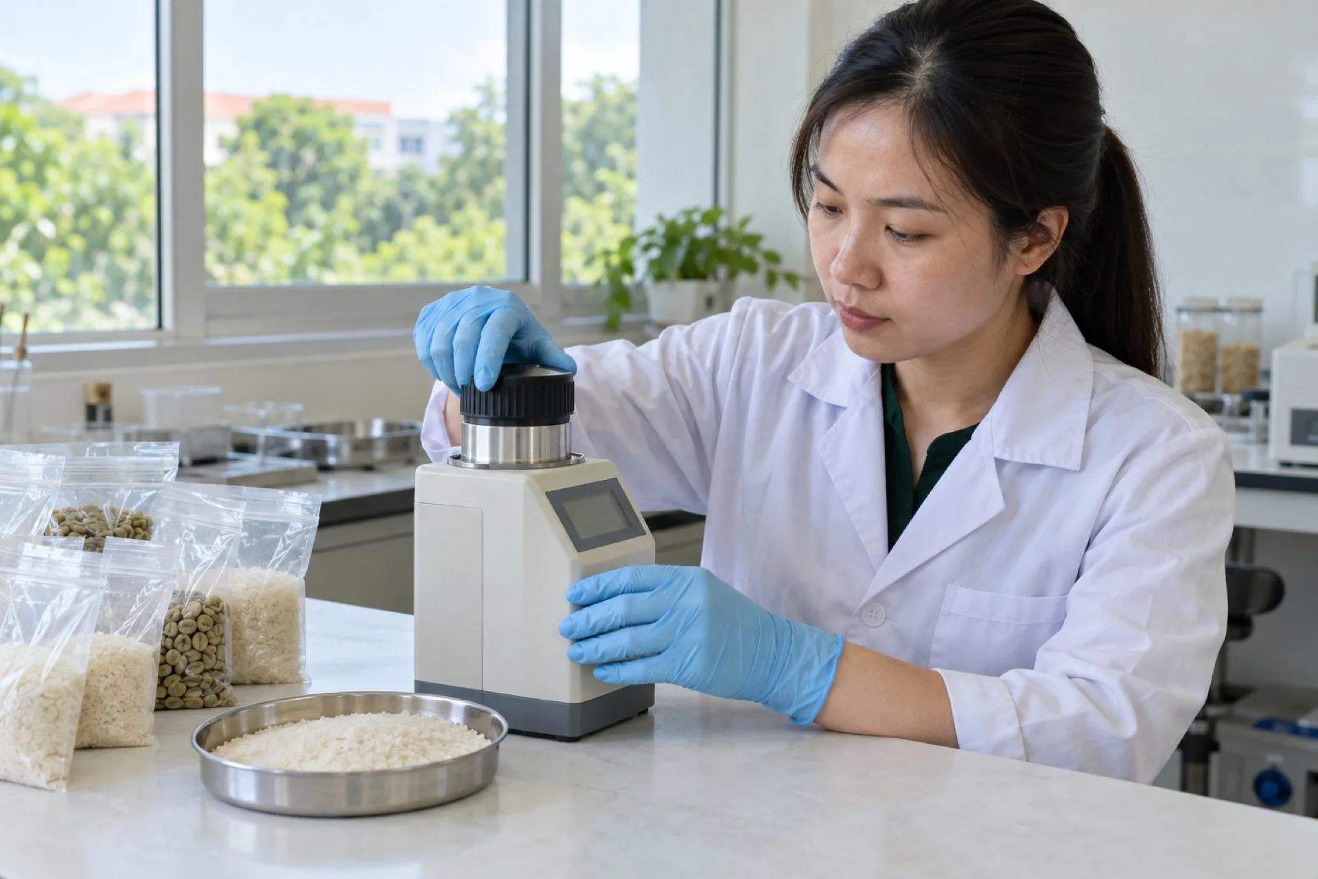 Nhân viên phòng thí nghiệm kiểm tra mẫu nguyên liệu